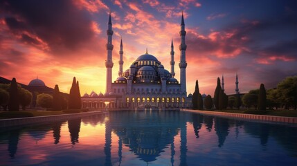 Naklejka premium Mosque silhouette with sunset reflection