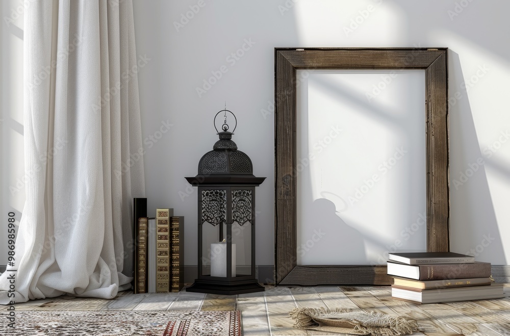 Poster modern interior mockup with lantern and empty frame
