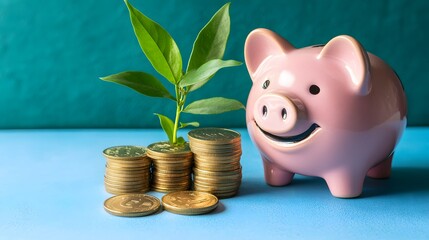 Smiling pink pig piggy bank, a stack of gold coins, and a green plant growing, isolated on a blue background.