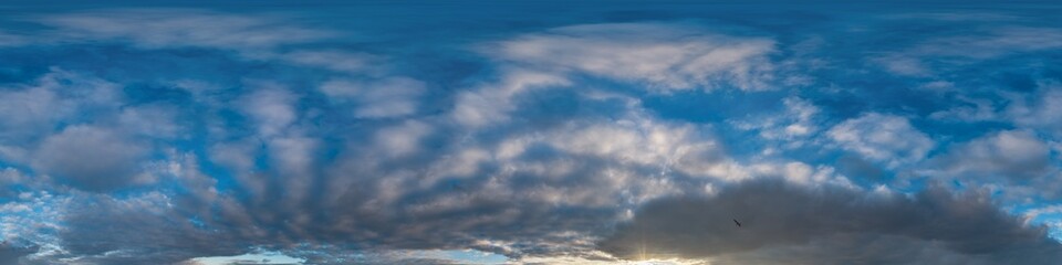 Sunset sky with bright glowing pink Cumulus clouds. Seamless spherical HDR 360 panorama. Full zenith or sky dome in 3D, sky replacement for aerial drone panoramas. Climate and weather change.