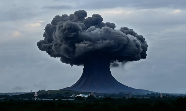 A massive nuclear blast with a bright initial flash, followed by the slow rise of a dark, dense mushroom cloud.