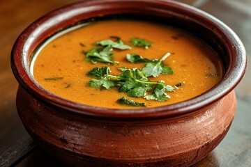 A delicious bowl of curry soup garnished with fresh cilantro, served in a traditional clay pot.