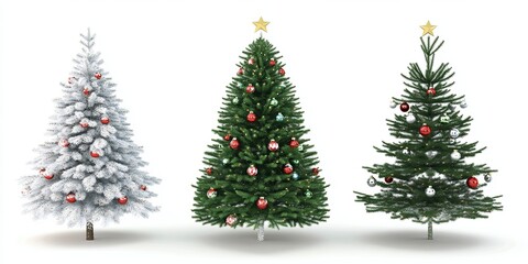 Fototapeta premium Three decorated Christmas trees isolated on white background