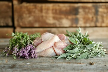 Raw Chicken Legs with Sage and Thyme on Rustic Wooden Surface