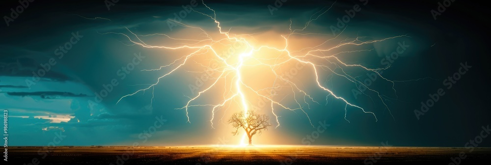 Wall mural a solitary tree illuminated by striking lightning during an evening storm in an open landscape