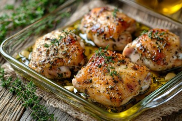 Roasted Chicken Thighs with Thyme and Olive Oil in a Glass Baking Dish