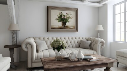 A 3D rendered scene of a cozy and inviting farmhouse inspired living room featuring whitewashed beams a tufted sofa a reclaimed wood coffee table and a elegant still life painting in a classic frame