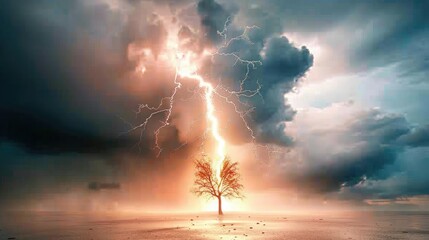 Lightning strikes a solitary tree against a dramatic stormy sky during a vibrant sunset
