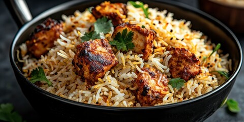 A flavorful bowl of chicken biryani, featuring tender pieces of marinated chicken and fragrant basmati rice garnished with fresh herbs.