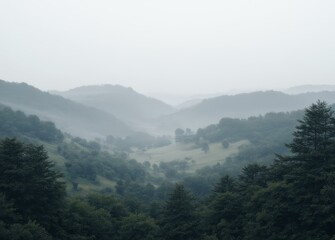 Naklejka premium Green Mountains on a Misty Day