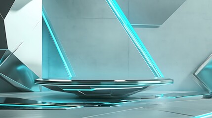 Obraz premium A futuristic, abstract, and minimalist scene featuring a circular platform surrounded by glowing blue lines and geometric shapes
