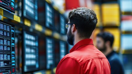 Man analyzing data on screens in a warehouse environment.