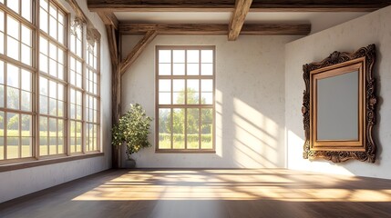 Fototapeta premium Bright and airy farmhouse interior design with large windows exposed wood beams and an ornate wooden frame mockup creating a sun drenched cinematic 3D rendered atmosphere