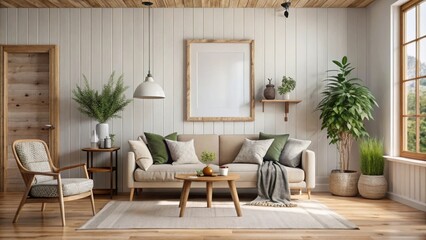 render of a mockup frame in a cozy Scandinavian farmhouse living room interior