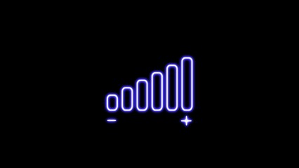 Neon Speaker volume icon. Glowing neon sound sign. Neon line volume icon on black background. Outline neon music equalizer icon.