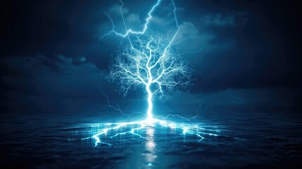 A glowing tree emerges from water as lightning strikes in a dramatic nighttime display