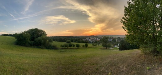 sunset in the countryside, czech autumn landscape, panoramic view village Hnevosice, silesia region, Opava, 