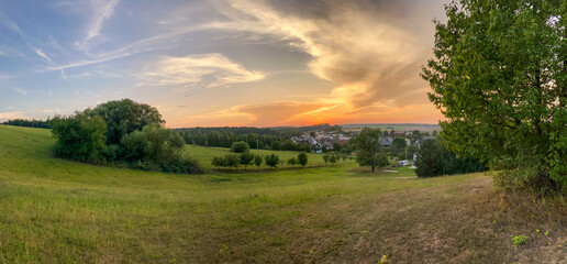 sunset in the countryside, czech autumn landscape, panoramic view village Hnevosice, silesia region, Opava, 