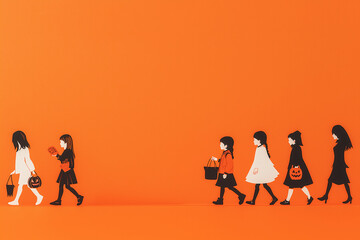 Fototapeta premium Children walking in an autumn scene with an orange background