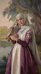 Obraz premium Elegant Woman in Hijab Holding an Owl in a Serene Outdoor Setting