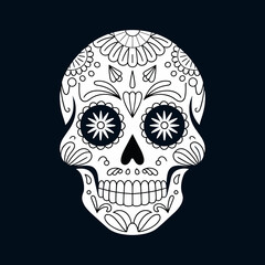Day of the dead poster with sugar skull in flat style.