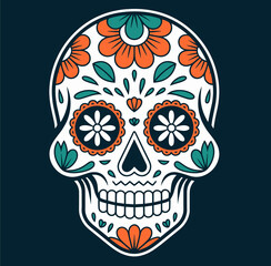 Day of the dead poster with sugar skull in flat style.