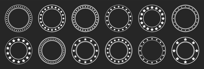 Stars of various sizes arranged in a circle. Round frame, border. Black star shape, simple symbol. Vintage logo, logotype design element, ornament. Vector illustration