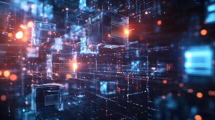 A series of floating 3D cubes and graphs forming intricate patterns, representing data-driven creativity and innovative business solutions in a modern digital space 