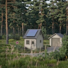 Eco-Friendly Cabin with Solar Panels in a Peaceful Forest Setting