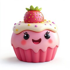 3D cartoon-style strawberry shortcake, isolated on a white background, featuring a fun and playful design.