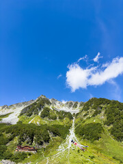 青空と3000mを超える穂高連峰の１つ北穂高岳を涸沢カールから見上げる