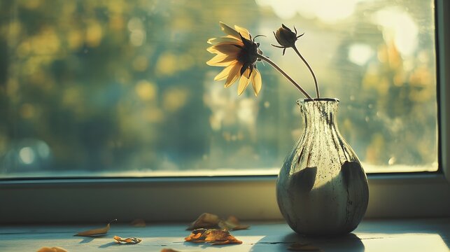 A wilted flower drooping in a broken vase on a sunlit windowsill, symbolizing fragility and the impermanence of beauty, with soft shadows creating a melancholic mood 