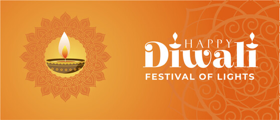 Lovely Happy Diwali Festival of Lights 2024 Banner with Beautiful Diya, Typography and Mandala Pattern. India Deepavali Background, Greeting, Poster, Template, Vector Illustration, Sale, Feed. 