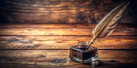 Vintage quill pen and inkwell on wooden table in old-fashioned setting
