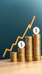 Stack of coins with dollar symbols, graph showing growth, financial concept on a blurred background.
