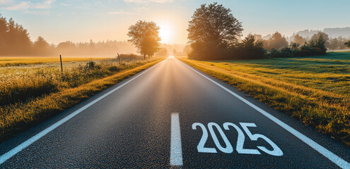 Road to 2025 with an empty road with written 2025 and arrow pointing towards the horizon to represent the future and positivity and success of the new year 2025