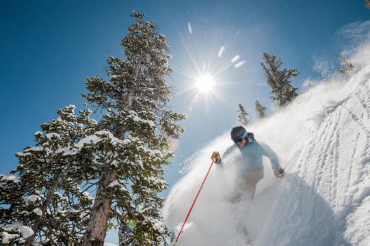Skier at Monarch Mountain resort skiing powder