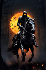 Fototapeta premium A horseman riding through a foggy forest with a scary pumpkin face and full moon in the background