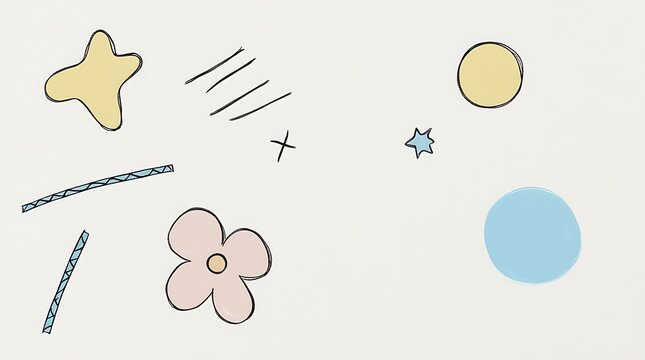 Minimalist abstract design with pastel shapes and symbols scattered on a light grey background, featuring zigzag lines, stars, circles, and a pink flower.