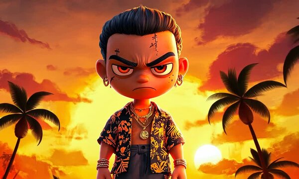Angry Cartoon Character with Palm Trees and Sunset