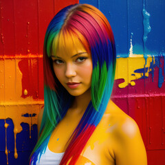 A pretty young woman painted with many different oil colors 