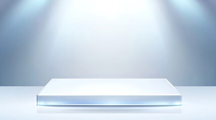 A white, empty, square podium or pedestal with a light blue glow on the top and bottom edges sits under three soft spotlight beams on a white background.