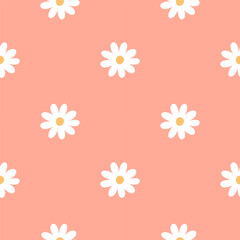 Cute chamomile on a peach orange pastel background stylish and trend daisy pattern minimalist seamless vector pink style 90s repeat background