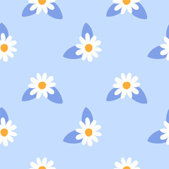 Cute chamomile on a light blue pastel background stylish and trend daisy pattern minimalist seamless vector