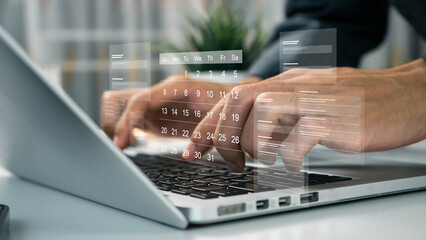 Time management concept. Businessman manages time for effective work. Calendar on the virtual screen interface. Highlight appointment reminders and meeting agenda on the calendar.