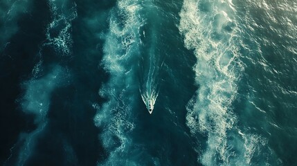 Naklejka premium Aerial view of a boat navigating through deep blue waters, creating white foam trails in its wake.