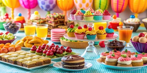 Fototapeta premium Assorted desserts displayed on a table at a colorful party