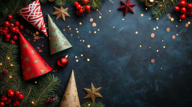 Party hats and noise makers with Christmas and New Year&rsquo;s design
