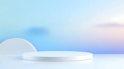 A white cylindrical podium sits on a white surface against a blurred pastel blue and purple background.