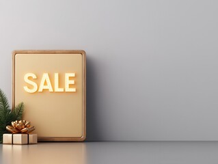 Wooden sale sign with glowing letters, decorative elements, clear backdrop, promotional display.